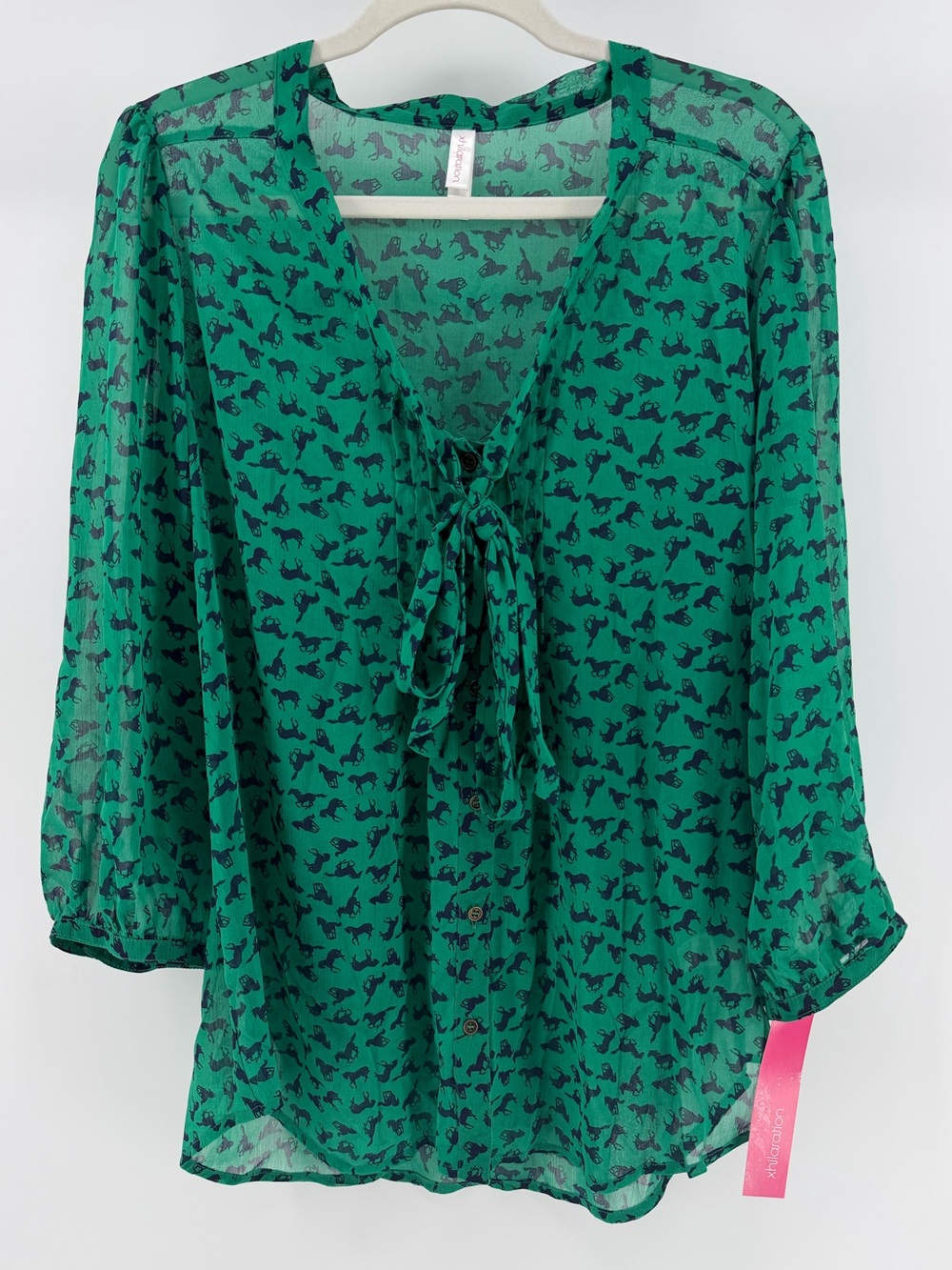 NWT Xhilaration Equestrian Horse Print Tie Neck Button-Down Blouse, Women's XXL